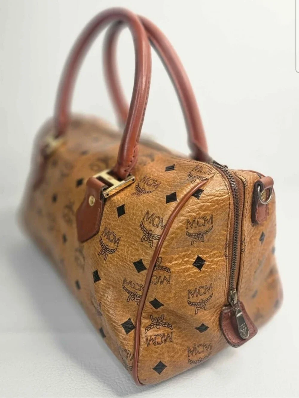 Authentic MCM Monogram Visetos Cognac Boston Satchel Handbag